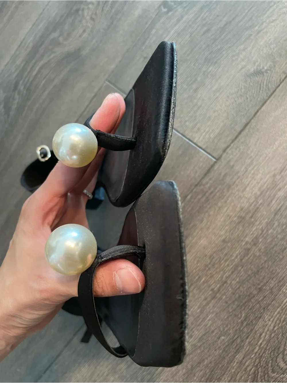 TOTEME Black Pearl-Accent Satin Ankle Strap Flat Sandals